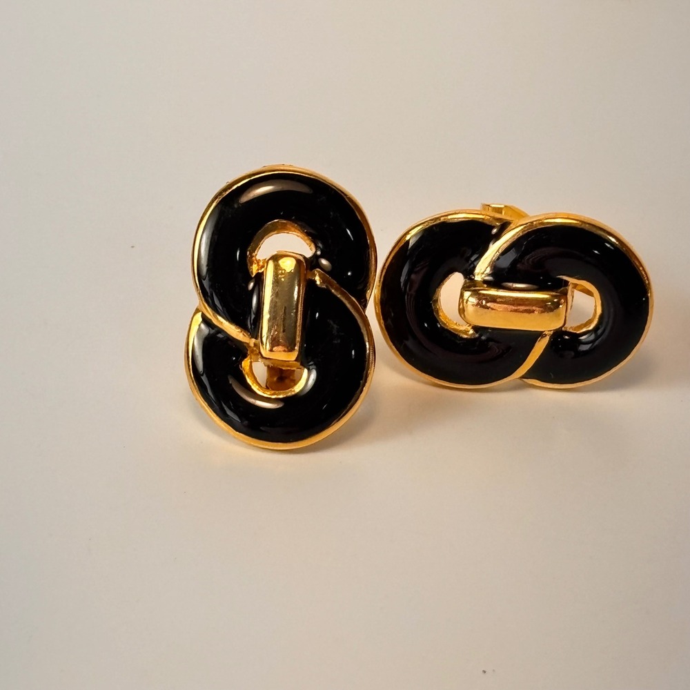 Vintage 1980s Clip On Earrings Black Gold Enamel Statement Minimalist 90s Heavy